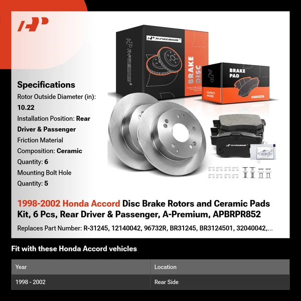 1998-2002 Honda Accord Disc Brake Rotors and Ceramic Pads Kit, 6 Pcs, Rear Driver & Passenger, A-Premium, APBRPR852