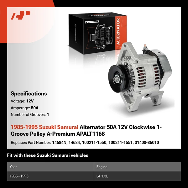 1985-1995 Suzuki Samurai Alternator 50A 12V Clockwise 1-Groove Pulley A-Premium APALT1168