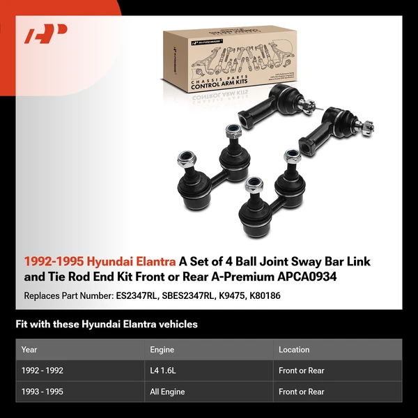1992-1995 Hyundai Elantra A Set of 4 Ball Joint Sway Bar Link and Tie Rod End Kit Front or Rear A-Premium APCA0934