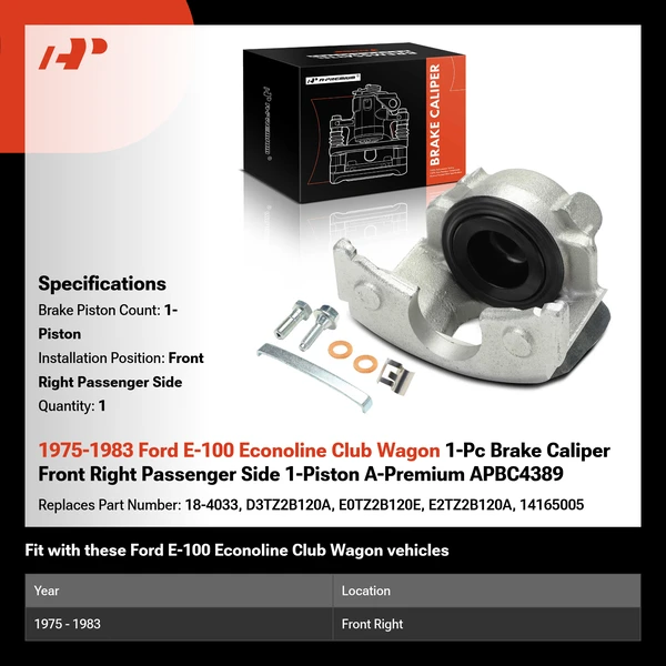 1975-1983 Ford E-100 Econoline Club Wagon 1-Pc Brake Caliper Front Right Passenger Side 1-Piston A-Premium APBC4389