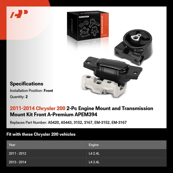 2011-2014 Chrysler 200 2-Pc Engine Mount and Transmission Mount Kit Front A-Premium APEM394