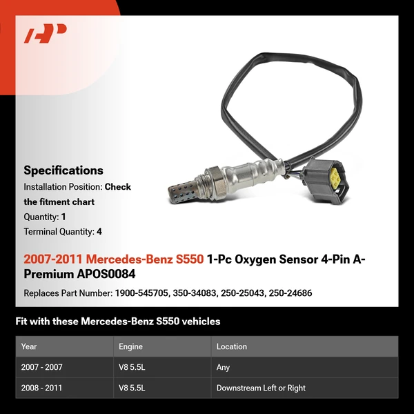2007-2011 Mercedes-Benz S550 1-Pc Oxygen Sensor 4-Pin A-Premium APOS0084