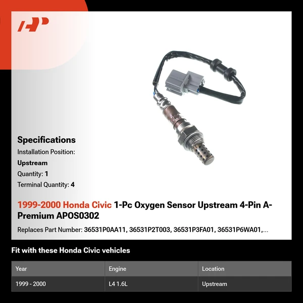 1999-2000 Honda Civic 1-Pc Oxygen Sensor Upstream 4-Pin A-Premium APOS0302