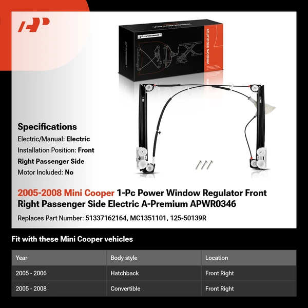 2005-2008 Mini Cooper 1-Pc Power Window Regulator Front Right Passenger Side Electric A-Premium APWR0346