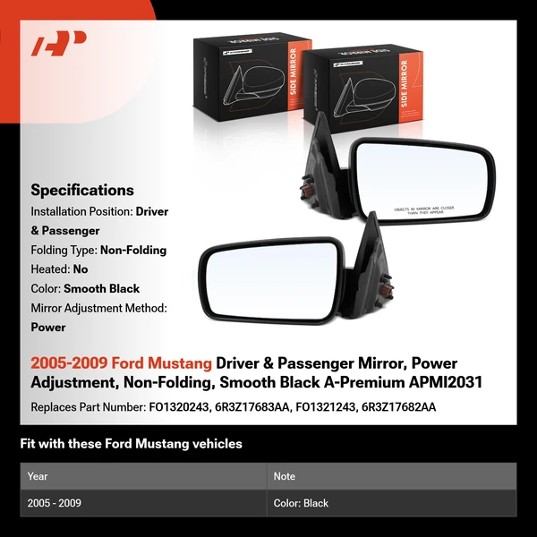 2005-2009 Ford Mustang Driver & Passenger Mirror, Power Adjustment, Non-Folding, Smooth Black A-Premium APMI2031