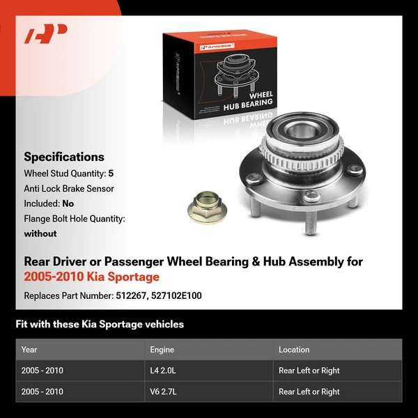 Rear Driver or Passenger Wheel Bearing & Hub Assembly for 2005-2010 Kia Sportage