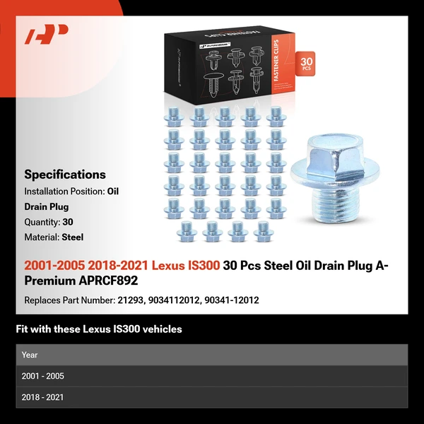 2001-2005 2018-2021 Lexus IS300 30 Pcs Steel Oil Drain Plug A-Premium APRCF892