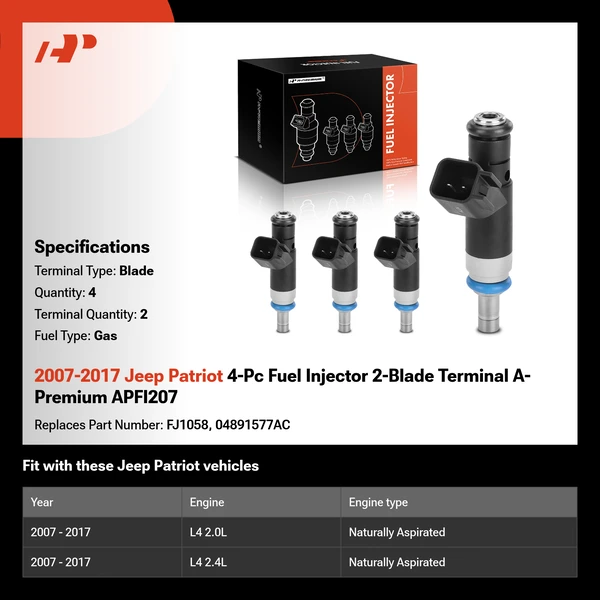 2007-2017 Jeep Patriot 4-Pc Fuel Injector 2-Blade Terminal A-Premium APFI207
