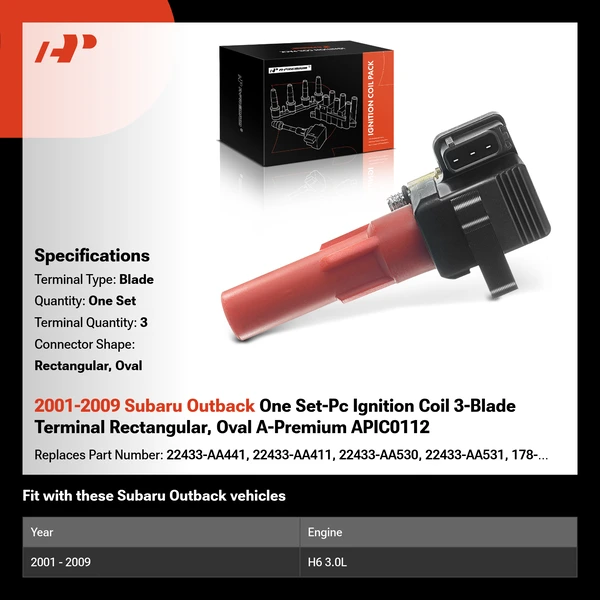 2001-2009 Subaru Outback One Set-Pc Ignition Coil 3-Blade Terminal Rectangular, Oval A-Premium APIC0112