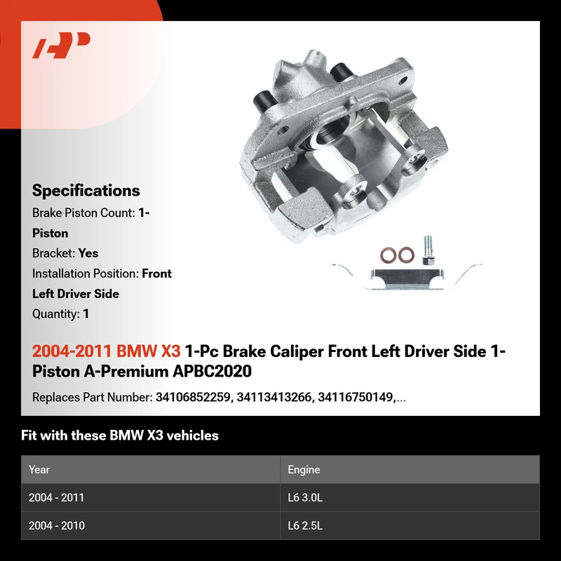 2004-2011 BMW X3 1-Pc Brake Caliper Front Left Driver Side 1-Piston A-Premium APBC2020