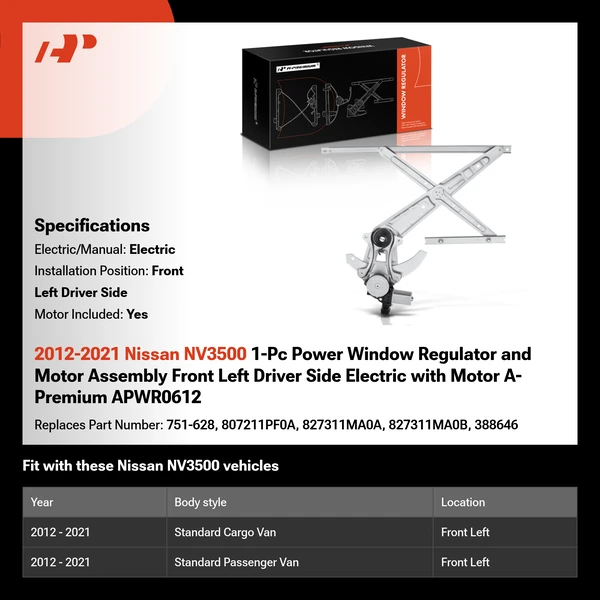 2012-2021 Nissan NV3500 1-Pc Power Window Regulator and Motor Assembly Front Left Driver Side Electric with Motor A-Premium APWR0612