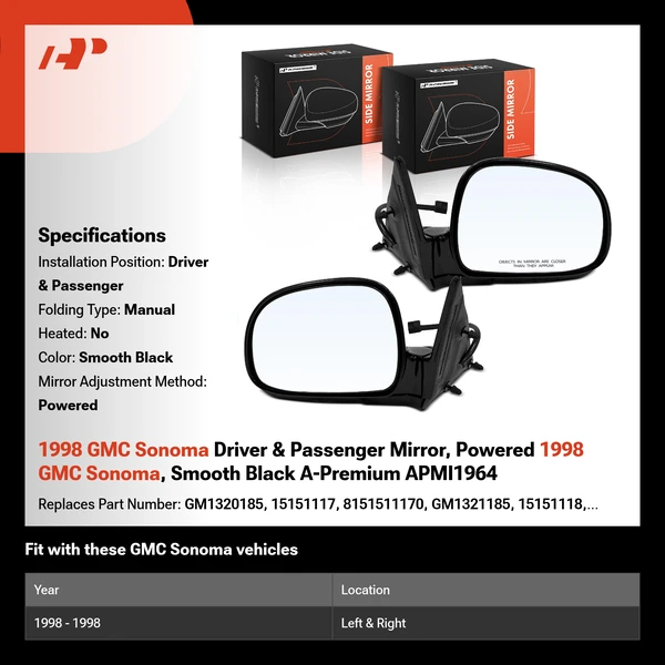 1998 GMC Sonoma Driver & Passenger Mirror, Powered 1998 GMC Sonoma, Smooth Black A-Premium APMI1964