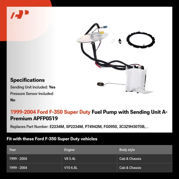 1999-2004 Ford F-350 Super Duty Fuel Pump with Sending Unit A-Premium APFP0519