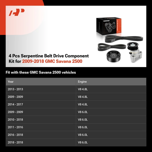 4 Pcs Serpentine Belt Drive Component Kit for 2009-2018 GMC Savana 2500