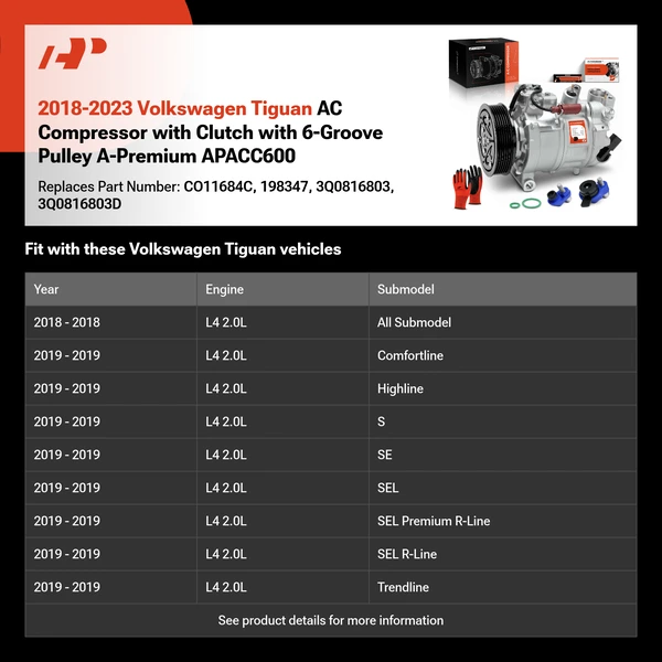 2018-2023 Volkswagen Tiguan AC Compressor with Clutch with 6-Groove Pulley A-Premium APACC600