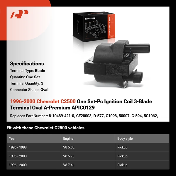 1996-2000 Chevrolet C2500 One Set-Pc Ignition Coil 3-Blade Terminal Oval A-Premium APIC0129