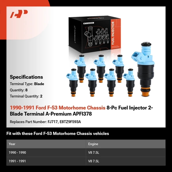 1990-1991 Ford F-53 Motorhome Chassis 8-Pc Fuel Injector 2-Blade Terminal A-Premium APFI378