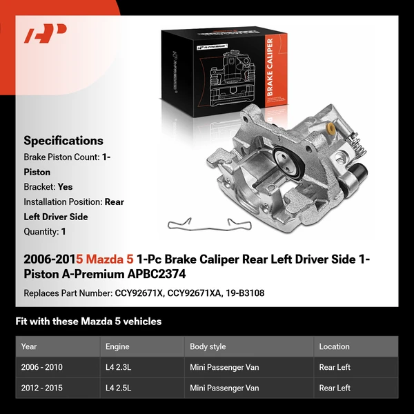 2006-2015 Mazda 5 1-Pc Brake Caliper Rear Left Driver Side 1-Piston A-Premium APBC2374
