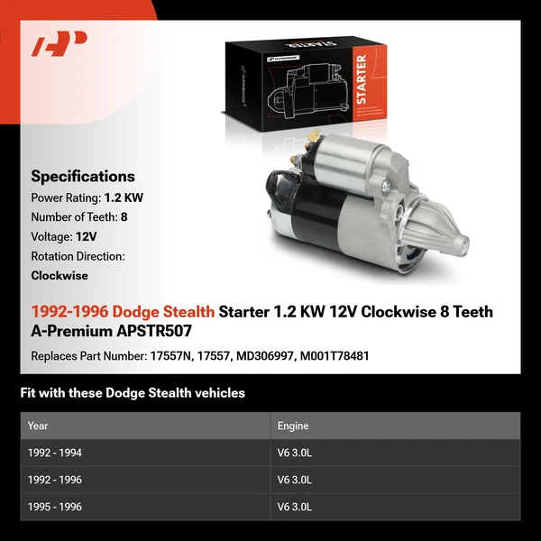 1992-1996 Dodge Stealth Starter 1.2 KW 12V Clockwise 8 Teeth A-Premium APSTR507