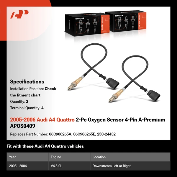 2005-2006 Audi A4 Quattro 2-Pc Oxygen Sensor 4-Pin A-Premium APOS0409