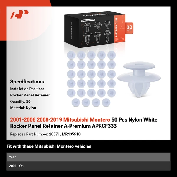 2001-2006 2008-2019 Mitsubishi Montero 50 Pcs Nylon White Rocker Panel Retainer A-Premium APRCF333