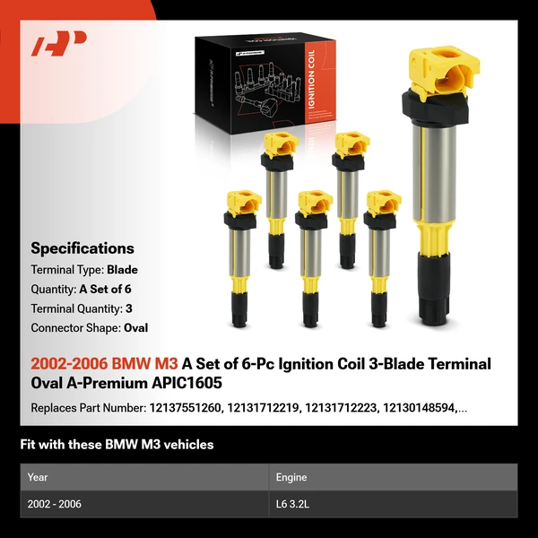 2002-2006 BMW M3 A Set of 6-Pc Ignition Coil 3-Blade Terminal Oval A-Premium APIC1605