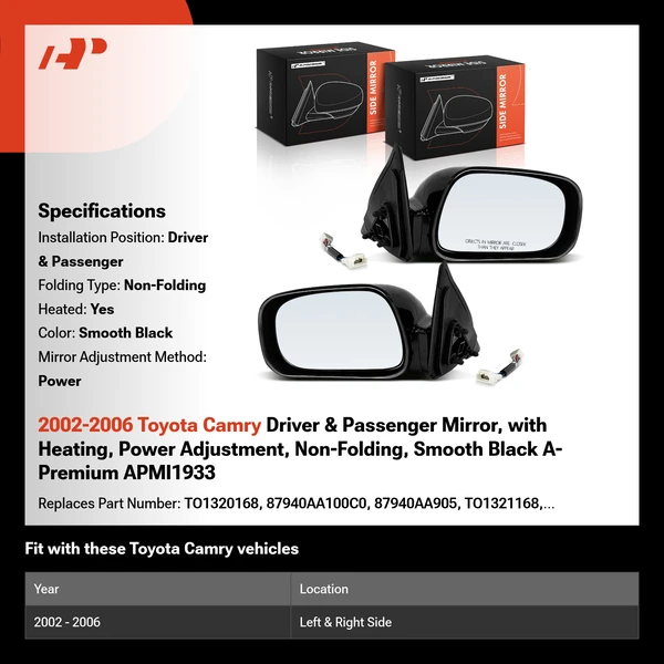 2002-2006 Toyota Camry Driver & Passenger Mirror, with Heating, Power Adjustment, Non-Folding, Smooth Black A-Premium APMI1933