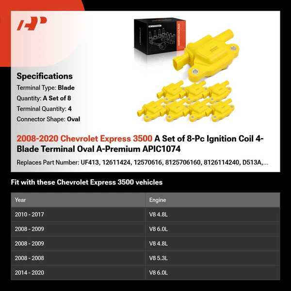 2008-2020 Chevrolet Express 3500 A Set of 8-Pc Ignition Coil 4-Blade Terminal Oval A-Premium APIC1074