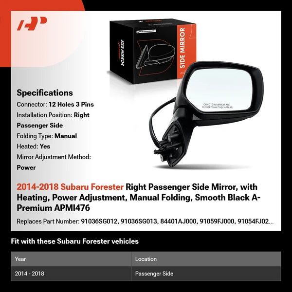 2014-2018 Subaru Forester Right Passenger Side Mirror, with Heating, Power Adjustment, Manual Folding, Smooth Black A-Premium APMI476