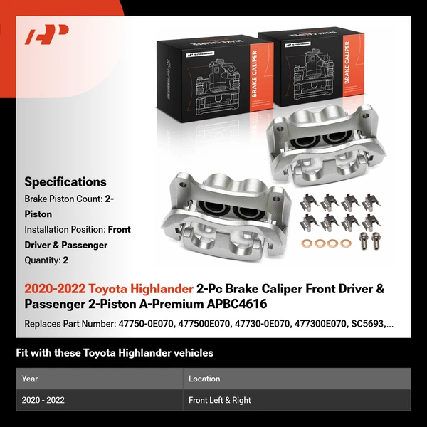 2020-2022 Toyota Highlander 2-Pc Brake Caliper Front Driver & Passenger 2-Piston A-Premium APBC4616