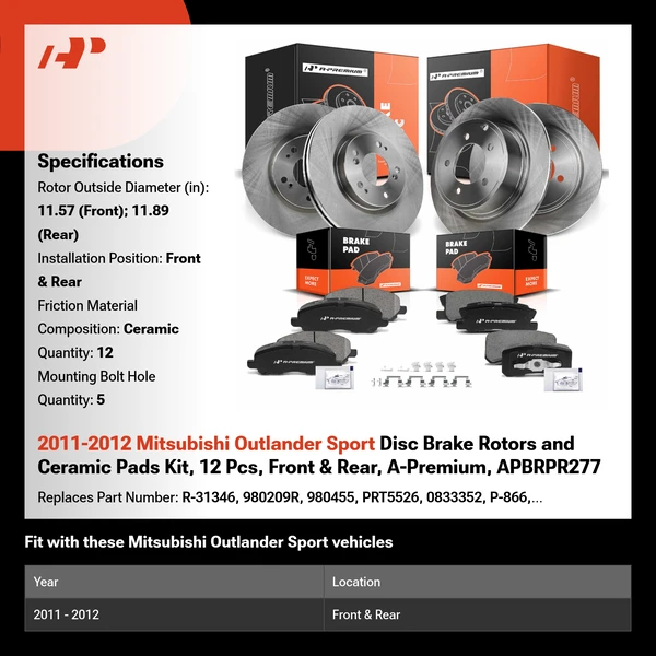 2011-2012 Mitsubishi Outlander Sport Disc Brake Rotors and Ceramic Pads Kit, 12 Pcs, Front & Rear, A-Premium, APBRPR277