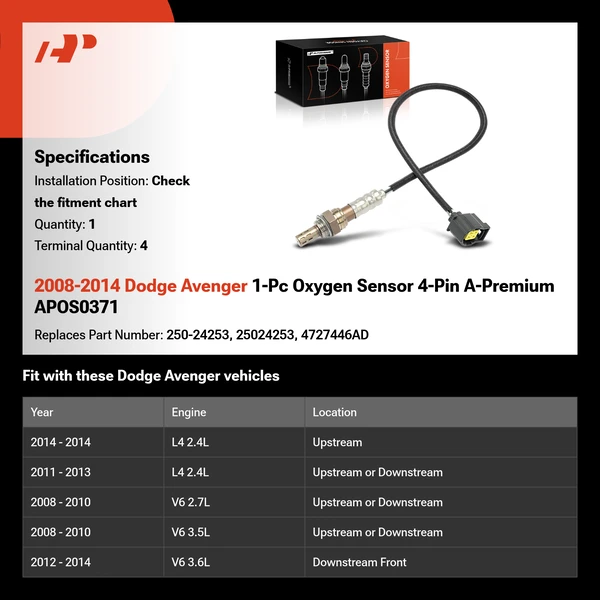 2008-2014 Dodge Avenger 1-Pc Oxygen Sensor 4-Pin A-Premium APOS0371