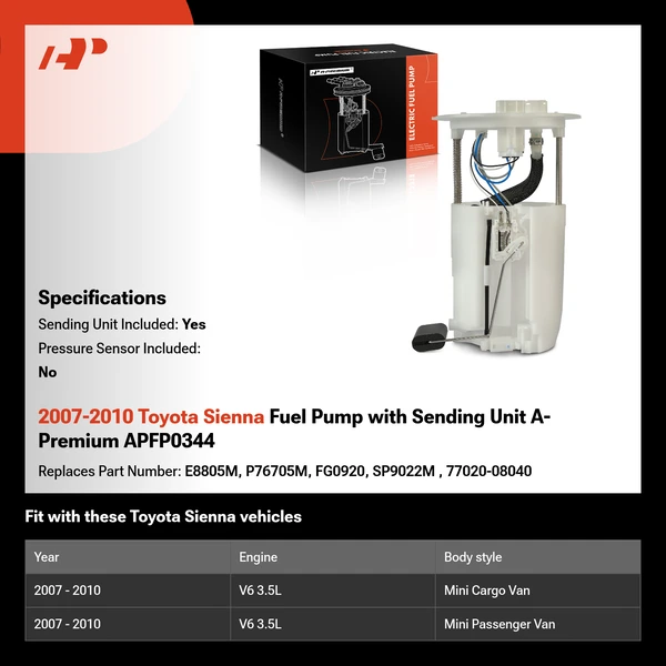 2007-2010 Toyota Sienna Fuel Pump with Sending Unit A-Premium APFP0344