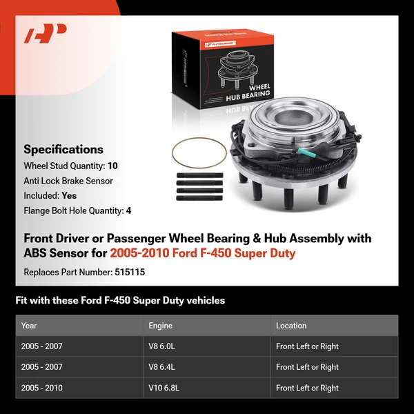 Front Driver or Passenger Wheel Bearing & Hub Assembly with ABS Sensor for 2005-2010 Ford F-450 Super Duty