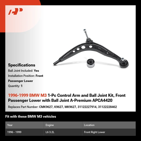 1996-1999 BMW M3 1-Pc Control Arm and Ball Joint Kit, Front Passenger Lower with Ball Joint A-Premium APCA4420