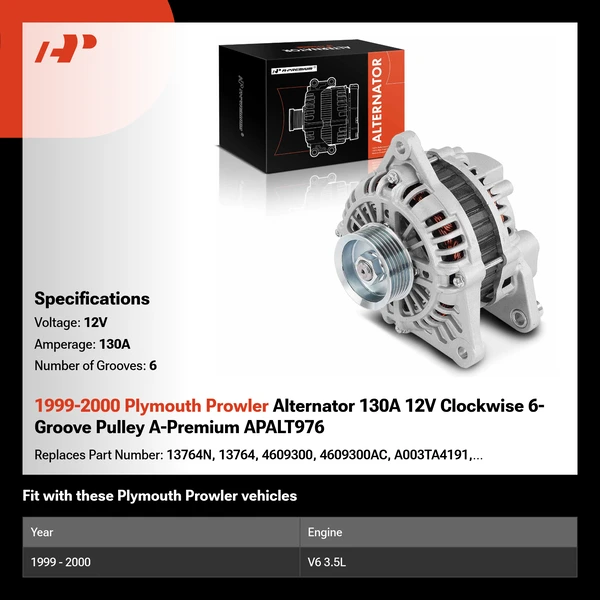 1999-2000 Plymouth Prowler Alternator 130A 12V Clockwise 6-Groove Pulley A-Premium APALT976