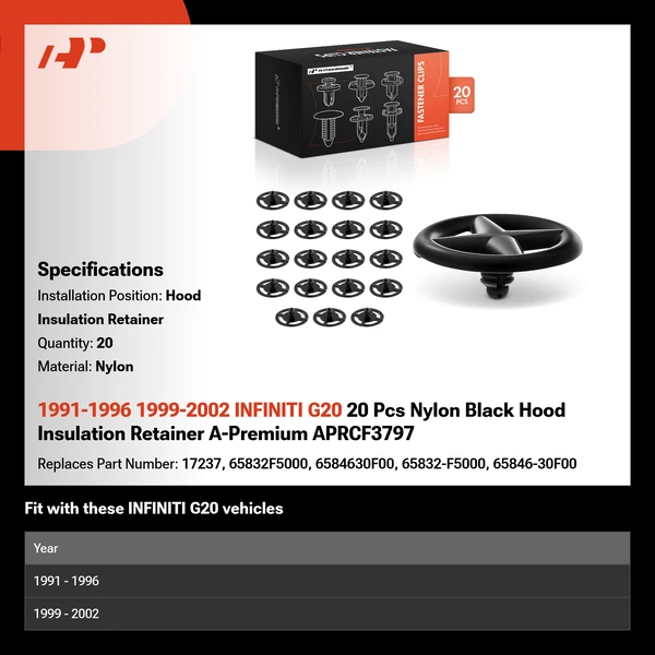 1991-1996 1999-2002 INFINITI G20 20 Pcs Nylon Black Hood Insulation Retainer A-Premium APRCF3797