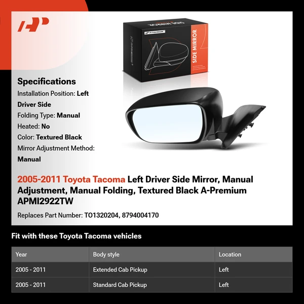 2005-2011 Toyota Tacoma Left Driver Side Mirror, Manual Adjustment, Manual Folding, Textured Black A-Premium APMI2922TW