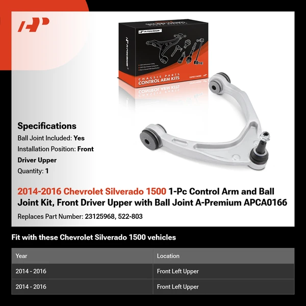 2014-2016 Chevrolet Silverado 1500 1-Pc Control Arm and Ball Joint Kit, Front Driver Upper with Ball Joint A-Premium APCA0166