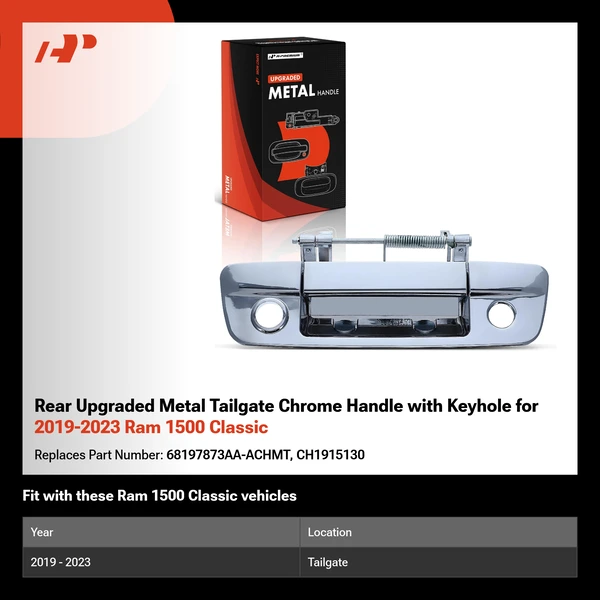 Rear Upgraded Metal Tailgate Chrome Handle with Keyhole for 2019-2023 Ram 1500 Classic