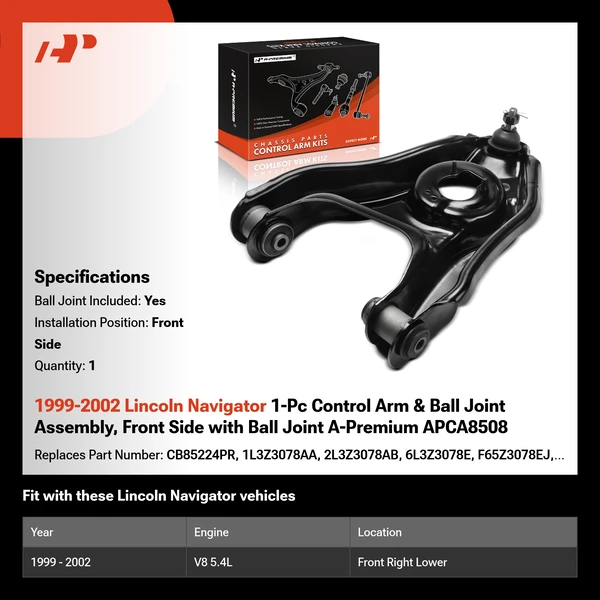 1999-2002 Lincoln Navigator 1-Pc Control Arm & Ball Joint Assembly, Front Side with Ball Joint A-Premium APCA8508