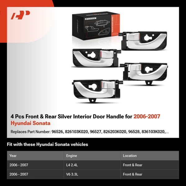 4 Pcs Front & Rear Silver Interior Door Handle for 2006-2007 Hyundai Sonata