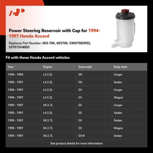 Power Steering Reservoir with Cap for 1994-1997 Honda Accord