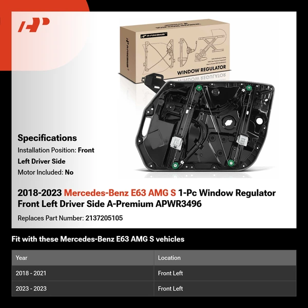 2018-2023 Mercedes-Benz E63 AMG S 1-Pc Window Regulator Front Left Driver Side A-Premium APWR3496