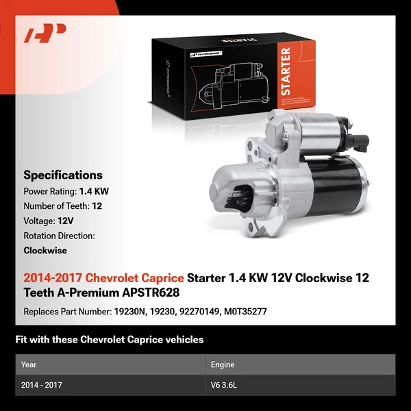 2014-2017 Chevrolet Caprice Starter 1.4 KW 12V Clockwise 12 Teeth A-Premium APSTR628