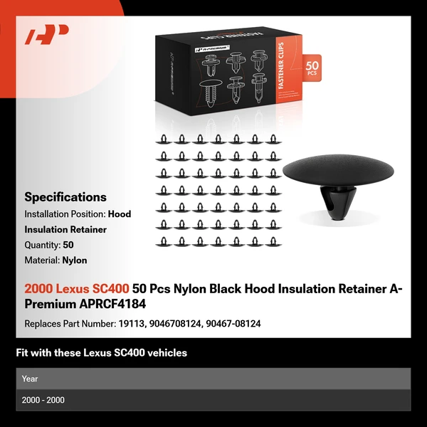 2000 Lexus SC400 50 Pcs Nylon Black Hood Insulation Retainer A-Premium APRCF4184