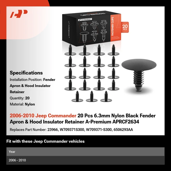 2006-2010 Jeep Commander 20 Pcs 6.3mm Nylon Black Fender Apron & Hood Insulator Retainer A-Premium APRCF2634