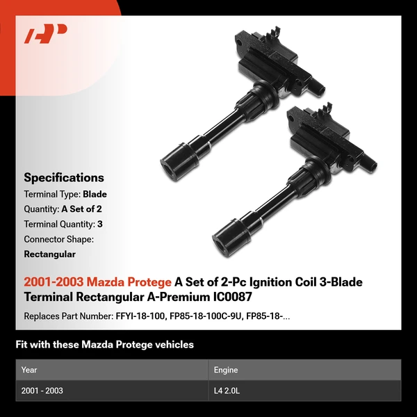 2001-2003 Mazda Protege A Set of 2-Pc Ignition Coil 3-Blade Terminal Rectangular A-Premium IC0087