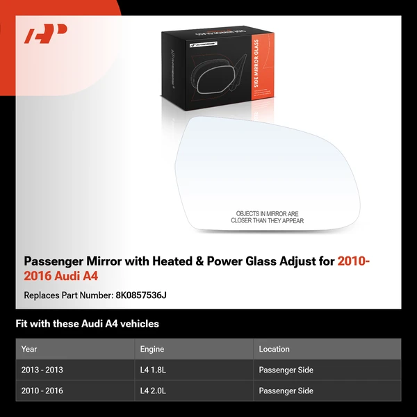 Passenger Mirror with Heated & Power Glass Adjust for 2010-2016 Audi A4