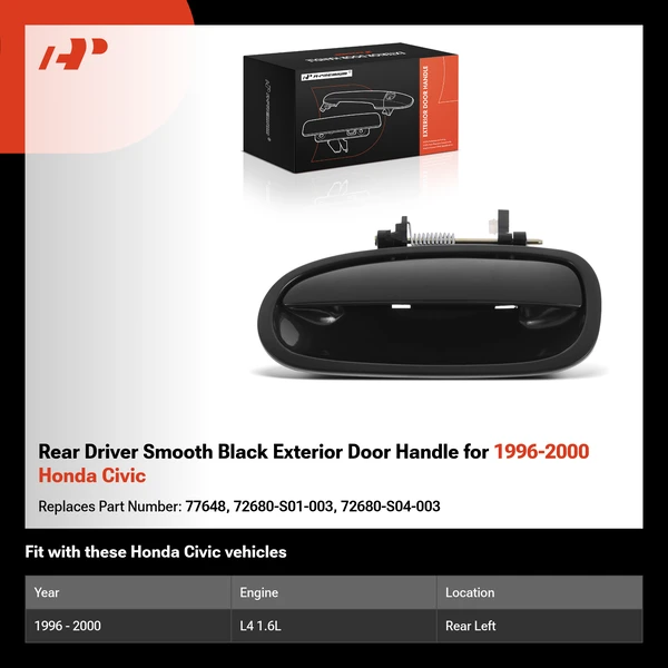 Rear Driver Smooth Black Exterior Door Handle for 1996-2000 Honda Civic